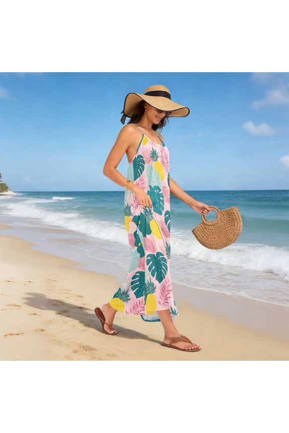Women Dress Oversize Style Open-Back Design-Monstera Deliciosa Pineapple Pattern Patterng