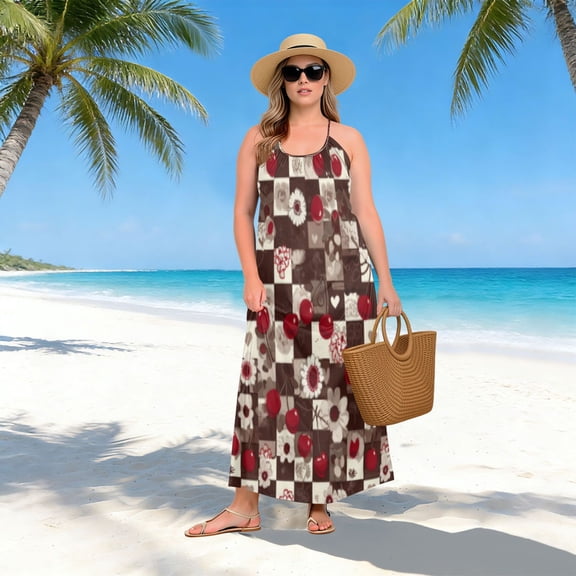 Women Dress Oversize Style Open-Back Design-Moody Cherry Check Patterngg507225462p1252c1323s3155