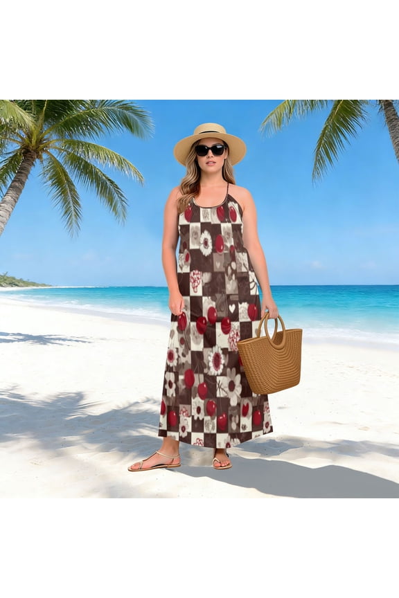 Women Dress Oversize Style Open-Back Design-Moody Cherry Check Patterngg507225466p1252c1323s3159