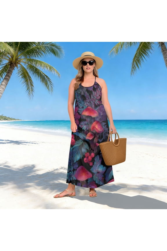 Women Dress Oversize Style Open-Back Design-Moth Leaf Mushroom Pattern Patterng