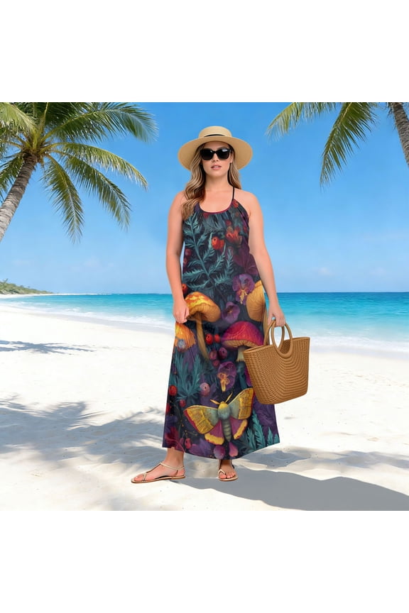 Women Dress Oversize Style Open-Back Design-Mushroom Leaf Moth Pattern Patterng