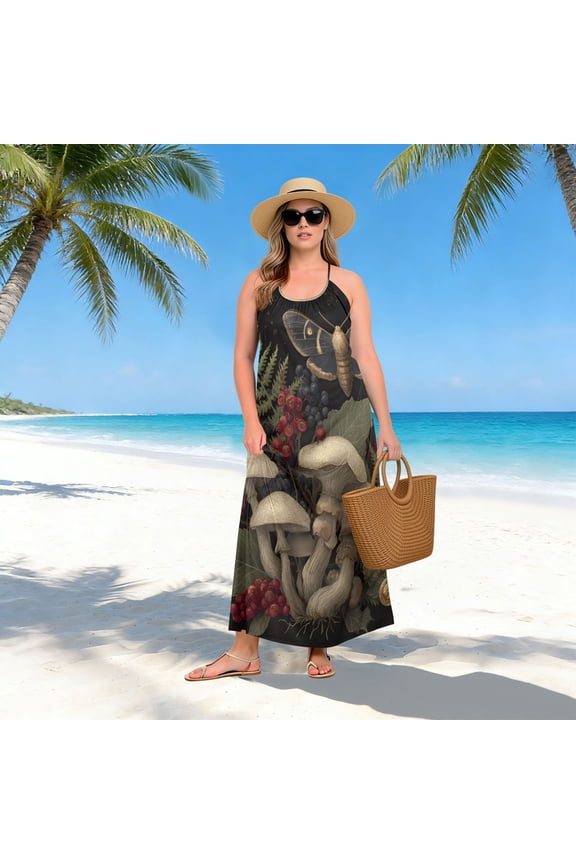 Women Dress Oversize Style Open-Back Design-Mushroom Leaf Moth Patterng