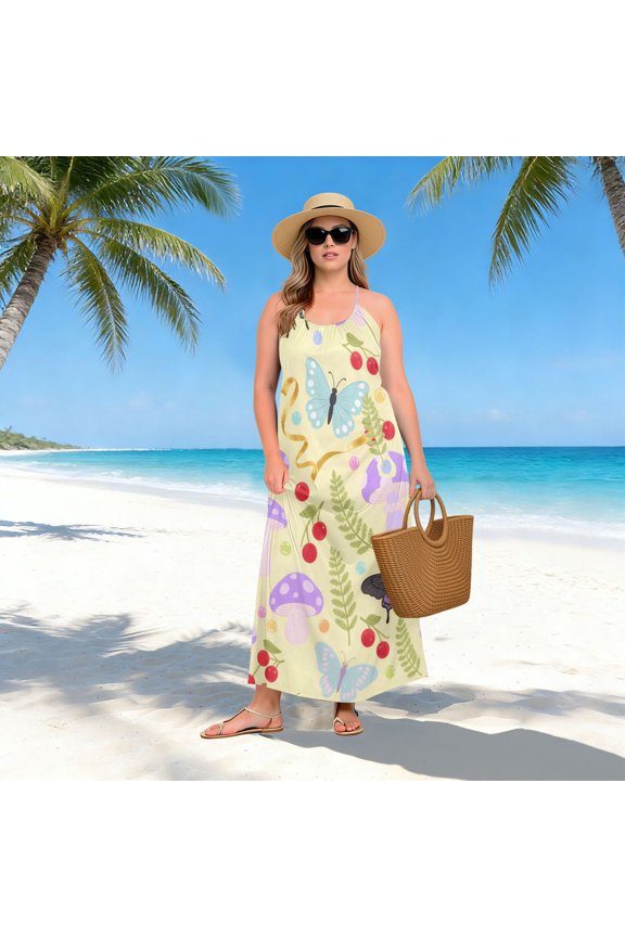 Women Dress Oversize Style Open-Back Design-Mushroom Witch Moth Yellow Background Pattern Patterng