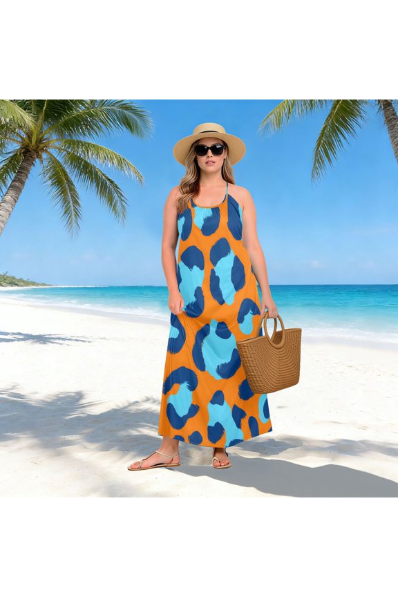 Women Dress Oversize Style Open-Back Design-Orange Blue Leopard Pattern Patterng