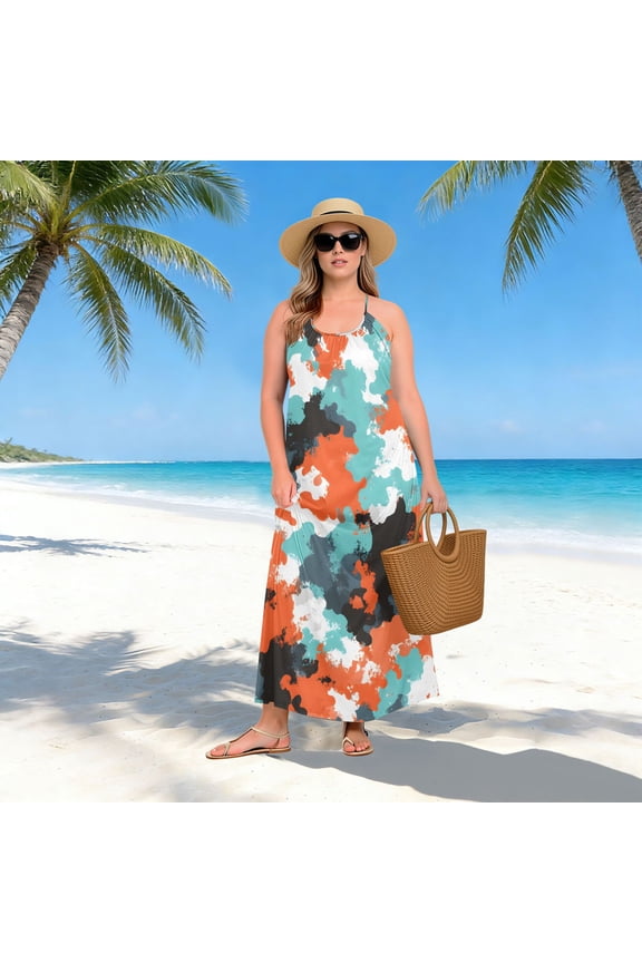 Women Dress Oversize Style Open-Back Design-Orange Blue White Camouflage Pattern Patterng