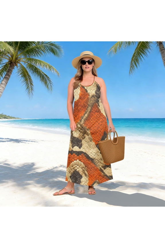 Women Dress Oversize Style Open-Back Design-Orange Python Pattern Patterng