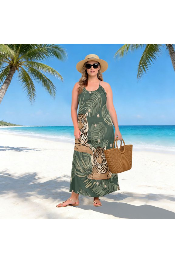 Women Dress Oversize Style Open-Back Design-Palm Leaf Tiger Pattern Patterng