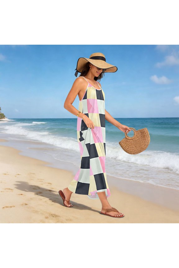 Women Dress Oversize Style Open-Back Design-Pastel Check Pattern Patterng