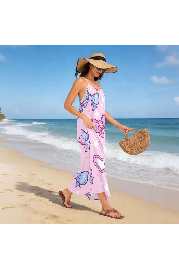 Women Dress Oversize Style Open-Back Design-Pink Blue Bow Heart Pattern Patterng
