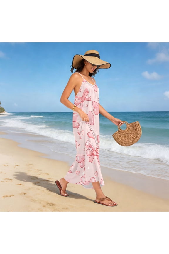 Women Dress Oversize Style Open-Back Design-Pink Bow Heart Pattern Patterng