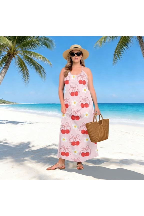Women Dress Oversize Style Open-Back Design-Pink Cherries Patterngg507244039p1252c1323s3155