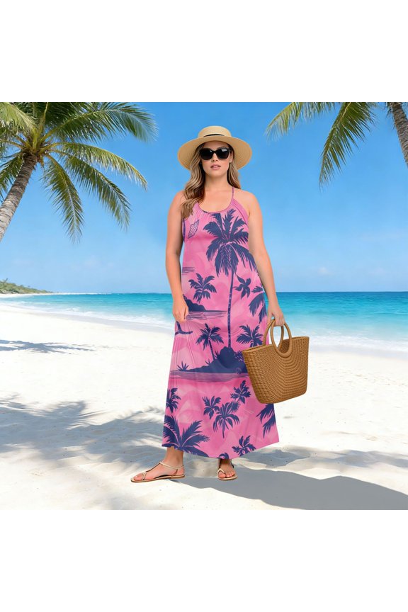 Women Dress Oversize Style Open-Back Design-Pink Tree Patterng