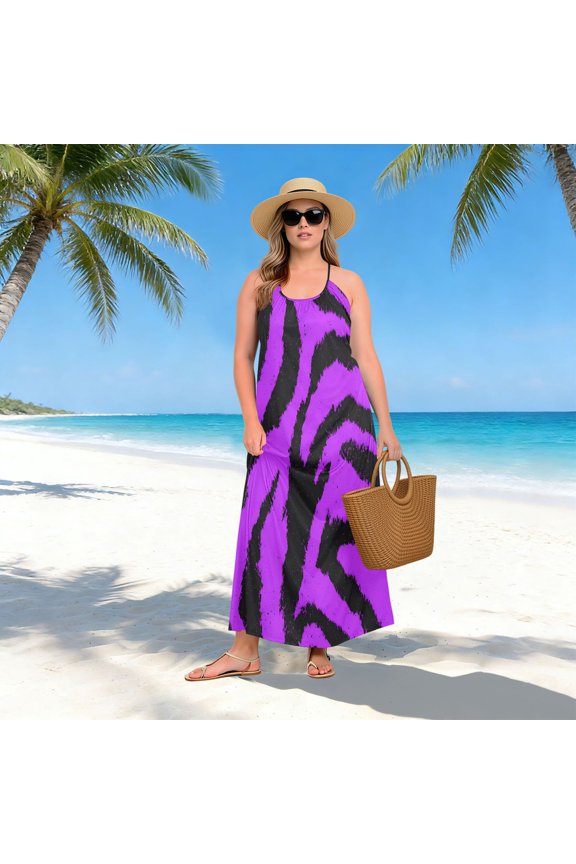 Women Dress Oversize Style Open-Back Design-Purple Tiger Pattern Patterng