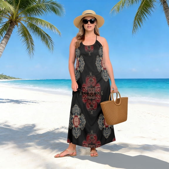 Women Dress Oversize Style Open-Back Design-Red Medallion Patterngg507221030p1252c1323s3155