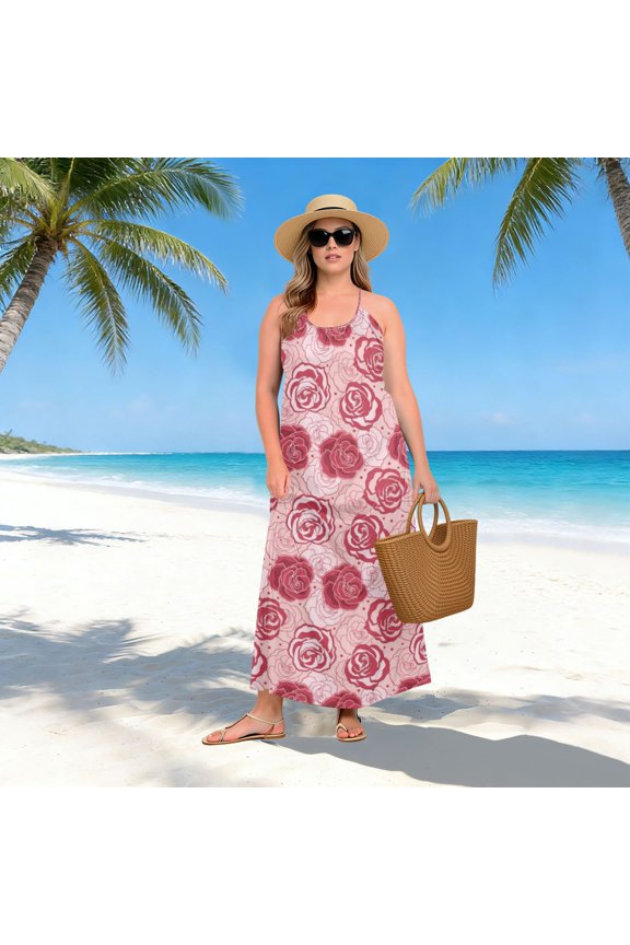 Women Dress Oversize Style Open-Back Design-Red Rose Repeat Patterngg507261820p1252c1323s3159
