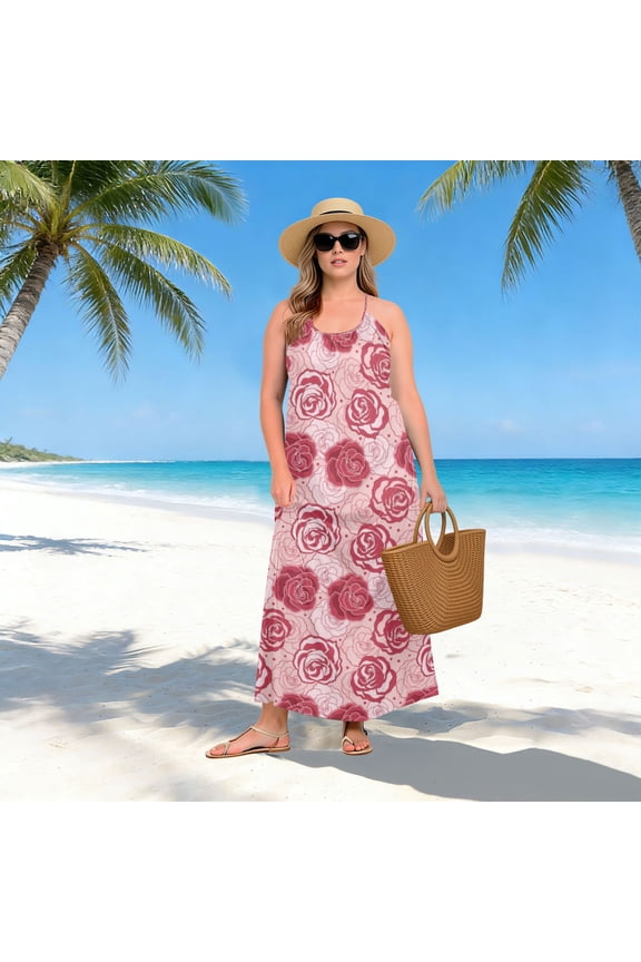 Women Dress Oversize Style Open-Back Design-Red Rose Repeat Patterngg507261822p1252c1323s3160