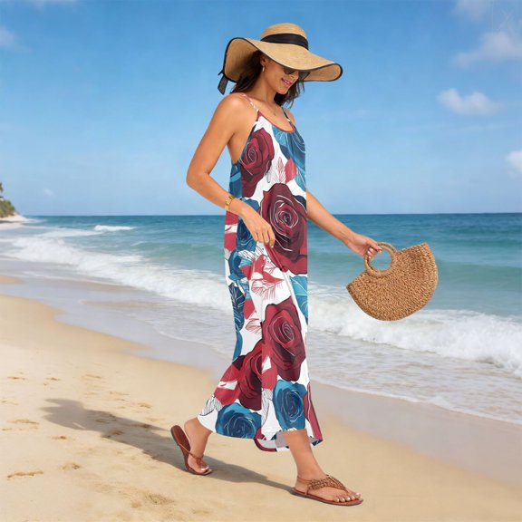 Women Dress Oversize Style Open-Back Design-Red and Blue Rose Pattern Patterng