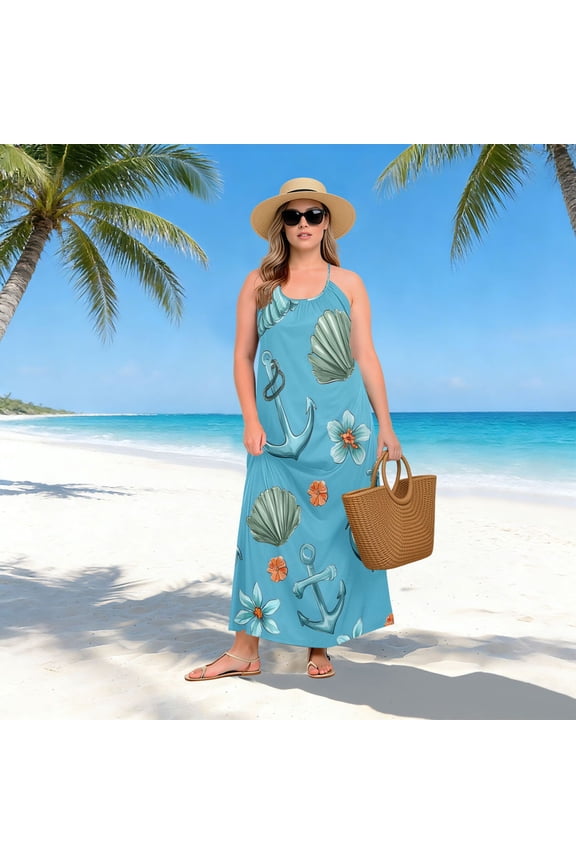 Women Dress Oversize Style Open-Back Design-Ship Anchor Shell Pattern Patterng