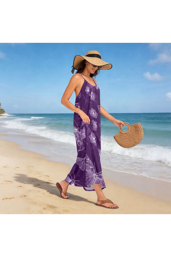 Women Dress Oversize Style Open-Back Design-String Butterfly Flower Patterng