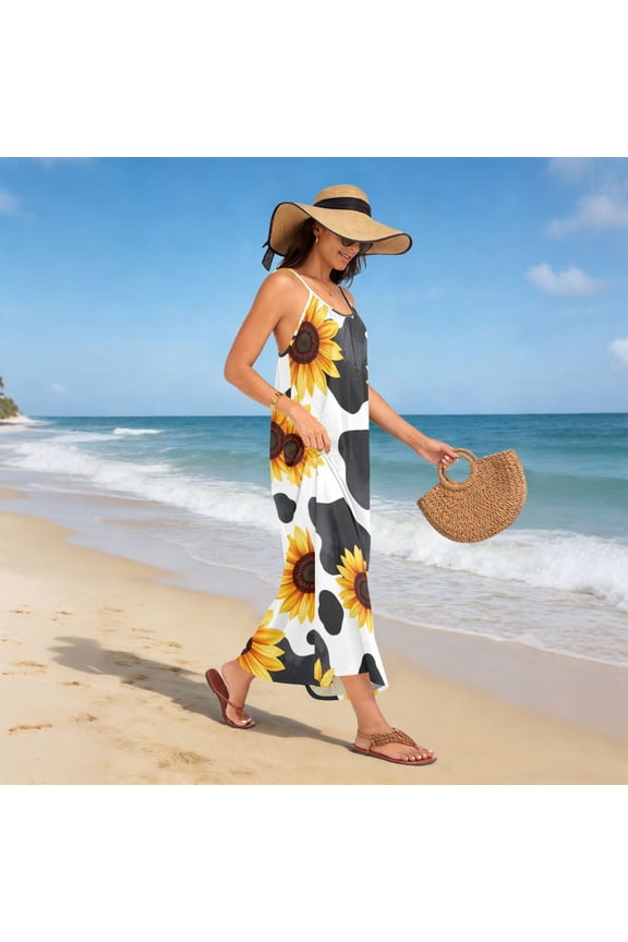 Women Dress Oversize Style Open-Back Design-Sunflower Milk Lines Patterng