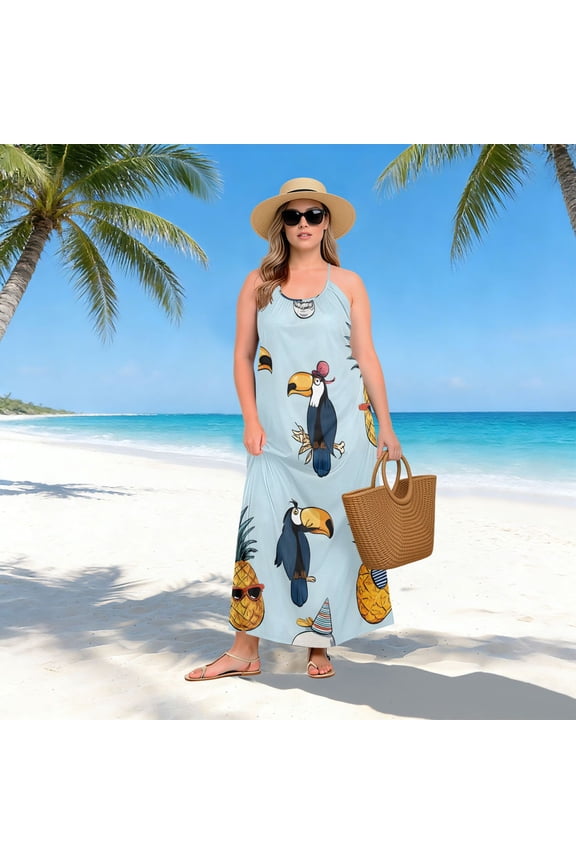 Women Dress Oversize Style Open-Back Design-Toucan Pineapple Pattern Patterng