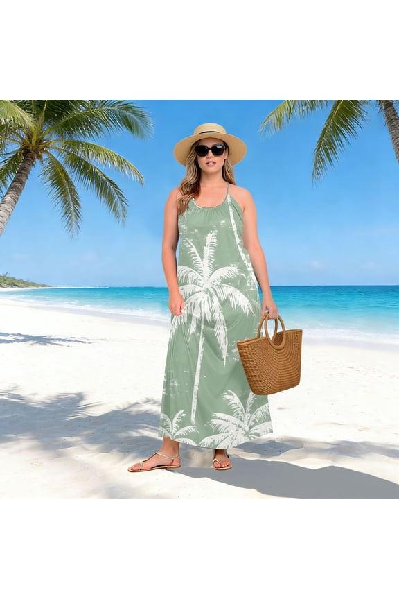 Women Dress Oversize Style Open-Back Design-White Palm Tree Patterng