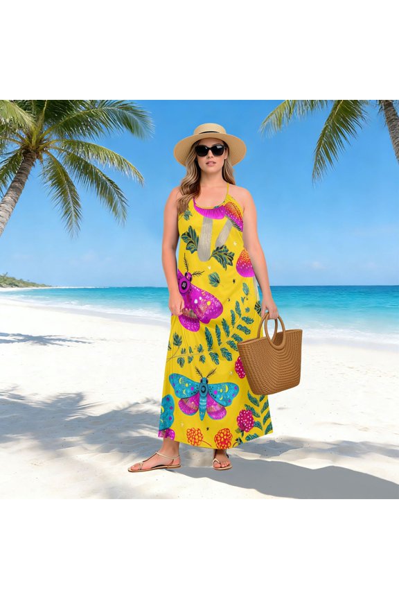 Women Dress Oversize Style Open-Back Design-Witch Moth Mushroom Yellow Background Pattern Patterng