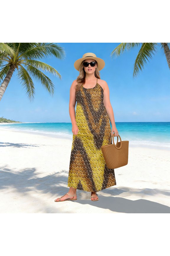 Women Dress Oversize Style Open-Back Design-Yellow Brown Python Pattern Patterng