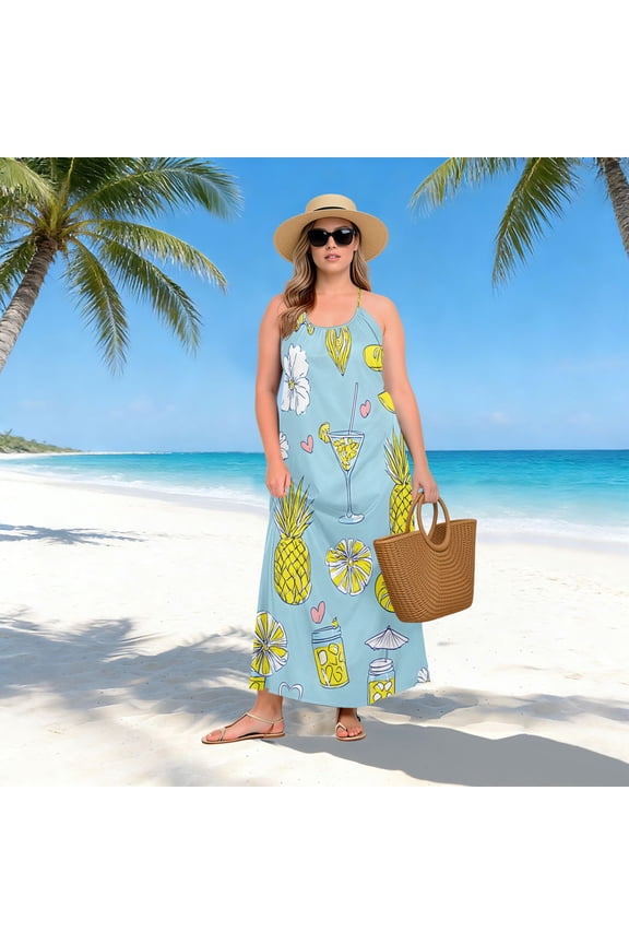 Women Dress Oversize Style Open-Back Design-Yellow Pineapple Pattern Patterng
