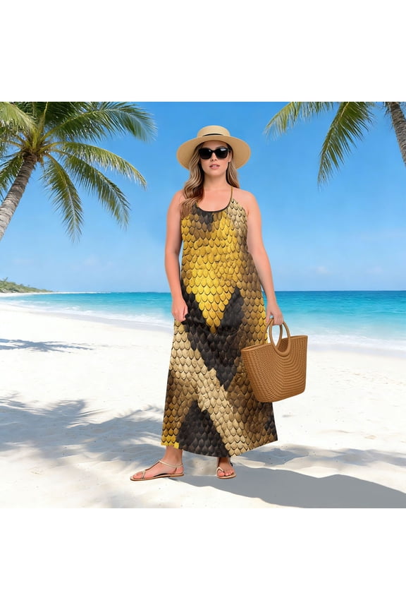 Women Dress Oversize Style Open-Back Design-Yellow Python Pattern Patterng