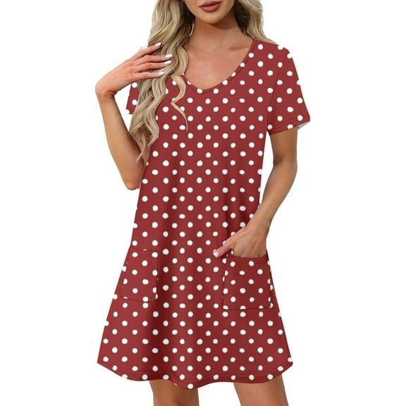 Women Dress Oversized Polka Dots V-Neck Mid-Length Dress Leisure Slim Fit Short Sleeve Ruffle Flowy Sundresses