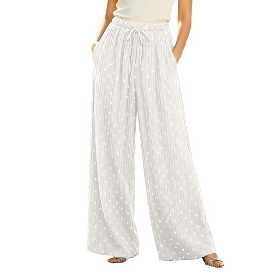 Women Dress Pants Wide Leg New Women’s Polka Dot Pants Flowy Wide Leg Casual Pants Elastic Waist Summer Vacation Daily Trousers with Pockets