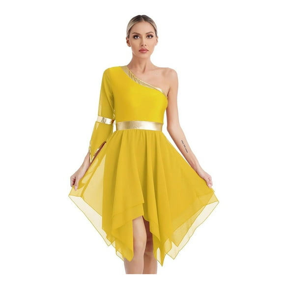 Women Dress Performance Costumes One Shoulder Flare Sleeve Irregular Hem Praise Liturgical Dresses