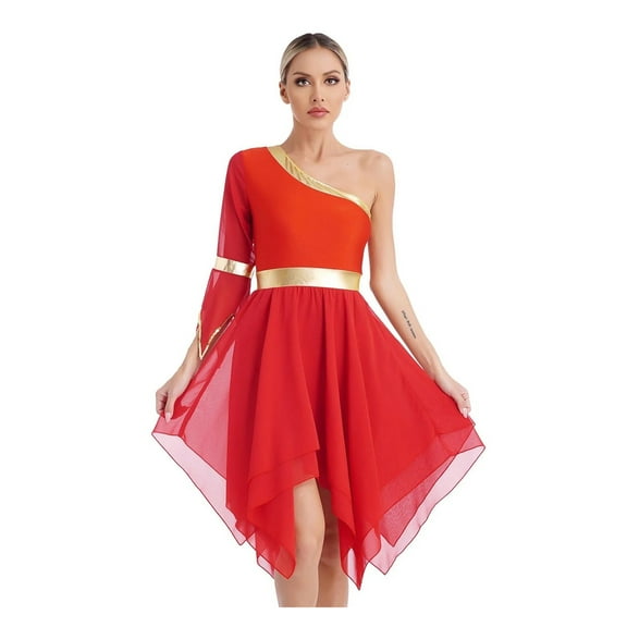 Women Dress Performance Costumes One Shoulder Flare Sleeve Irregular Hem Praise Liturgical Dresses