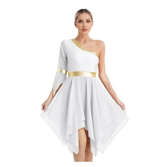 Women Dress Performance Costumes One Shoulder Flare Sleeve Irregular Hem Praise Liturgical Dresses