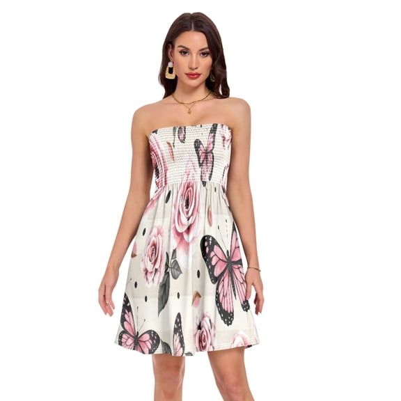 Women Dress Pink Butterfly & Roses Rose Pattern A-Lin Casual Dress