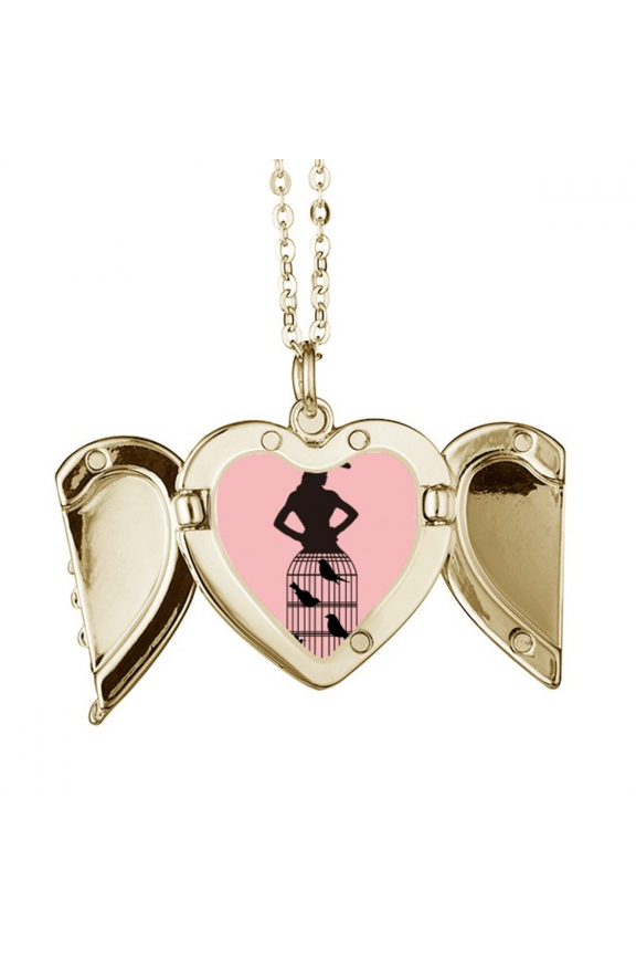 Women Dress Pose Hat Art Deco Fashion Folded Wings Peach Heart Pendant Necklace