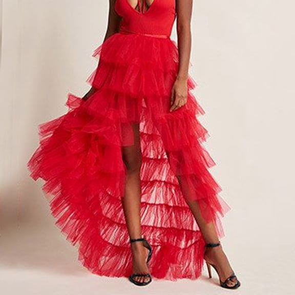 Women Dress Red Tutu Skirts High Low Mesh Skirt Layered Puffy Fairy Skirt Irregular Tutu for Women