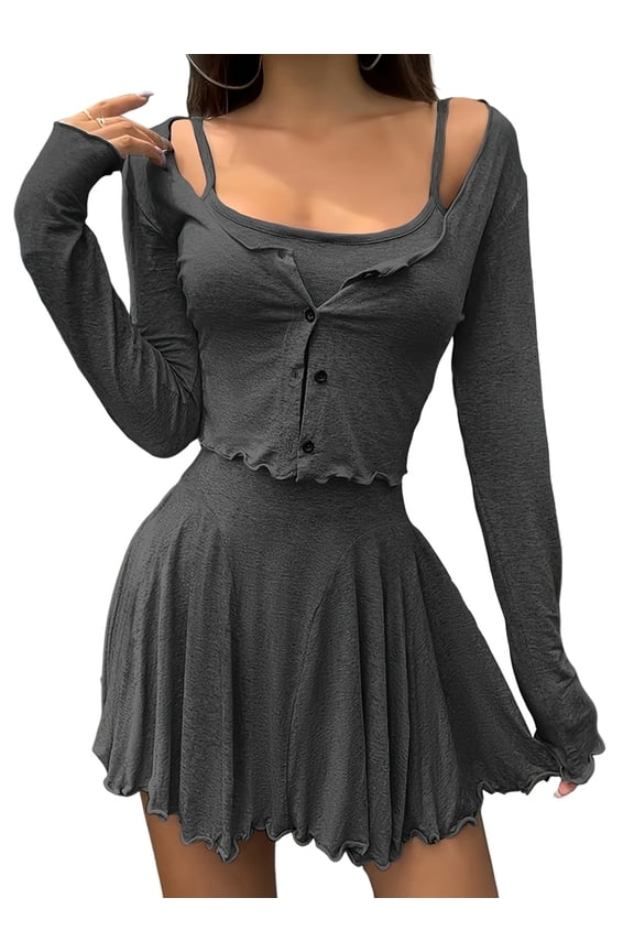 Women Dress Set Bodycon Mini Dresses Long Sleeve Cropped Cardigan 2 Piece Outfits Black S