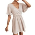 thumbnail image 1 of Women Dress Short Sleeve Solid Color V Neck High Waist A Line Summer Short Dress, 1 of 9