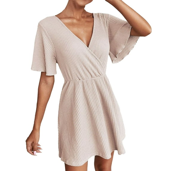 Women Dress Short Sleeve Solid Color V Neck High Waist A Line Summer Short Dress