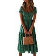 thumbnail image 1 of Women Dress Small Flower Print Patchwork A-line Flowy Hem Square Neck Short Bubble Sleeves Pleated Shirring Dating Vacation Midi Dress -Green,L, 1 of 8