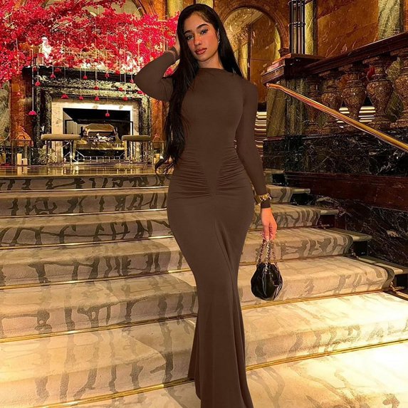 Women Dress Solid Color Long Sleeve Dress Pleated High Waist Clothing Slim Fit Dress Suitable for Work Schedule Wear