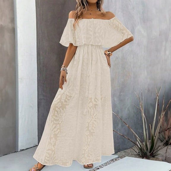 Women Dress Spring And Summer Women's One-line Collar High-waisted Temperament Dress Short-sleeved One-line Shoulder And Ankle Dress Boho Dresses for Women Short Sleeve Beige S