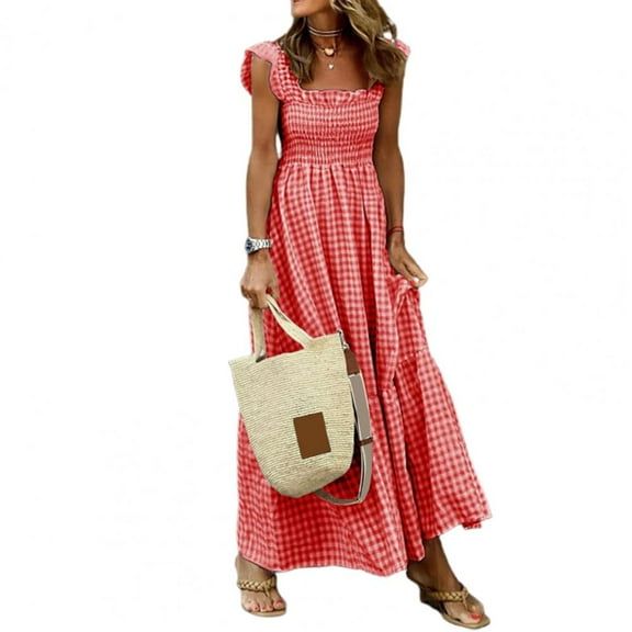 New Women Dress Square Collar Sleeveless Elastic Chest Wrap Ruffle Lady Dress Plaid Print Large Hem Sling Maxi Dress