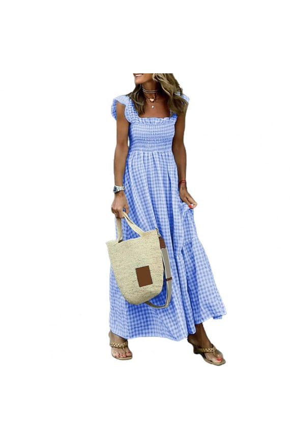 Women Dress Square Collar Sleeveless Elastic Chest Wrap Ruffle Lady Dress Plaid Print Large Hem Sling Maxi Dress
