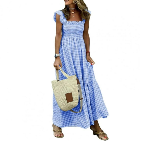 New Women Dress Square Collar Sleeveless Elastic Chest Wrap Ruffle Lady Dress Plaid Print Large Hem Sling Maxi Dress
