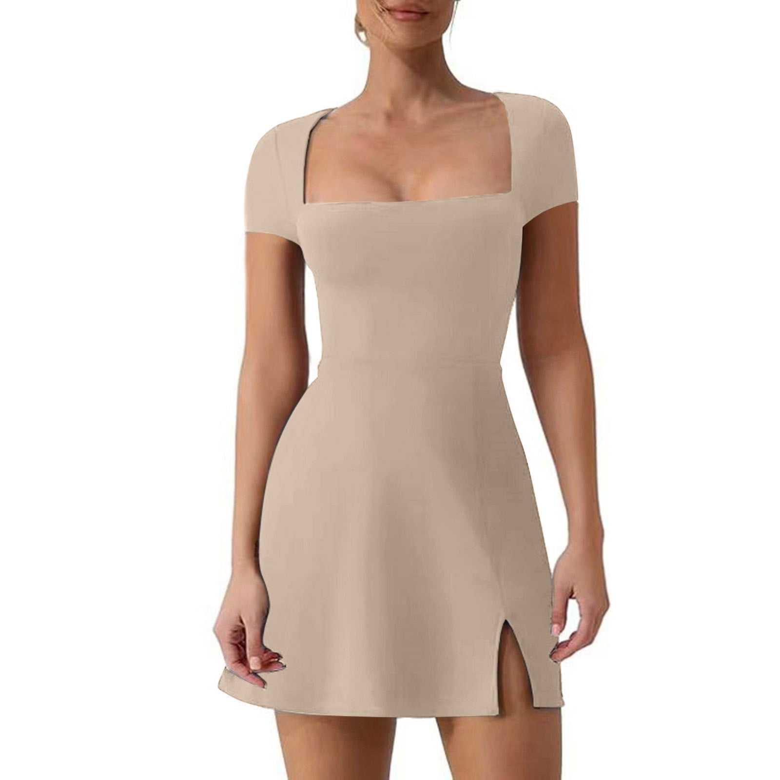 Knit Asymmetrical Short-Sleeve Side Slit Dress main image 1