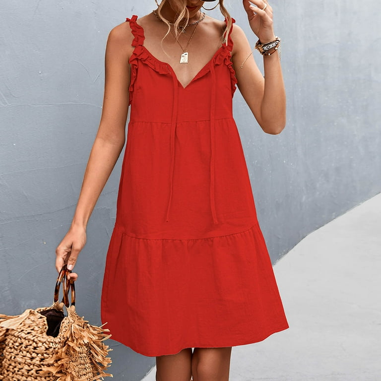 Women's Solid Color Round Neck Sleeveless Loose Strap Dress