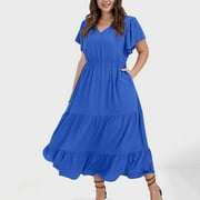 SAWVNM Vmvidoty Vestidos Elegantes De Mujer Para Fiesta,Plus Size Solid Color Dresses,Wedding Guest Dress,Short Sleeve Round Neck Pleated Pocket And Ankle Dress (Size XL-5XL) Blue XL